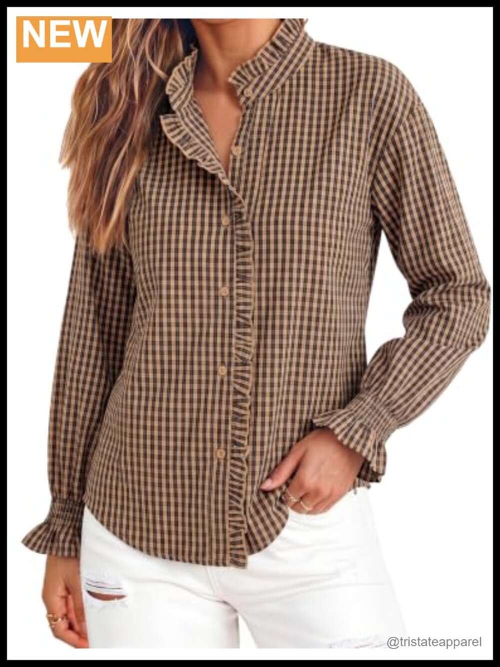 Gingham Button Down Shirt Long Sleeve Drop-Shoulder Peter Pan Collar Women's